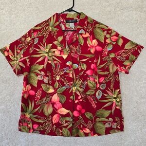Vintage Sag Harbor Womens Red Floral Hawaiian Button Shirt 1X Cottage Bloom